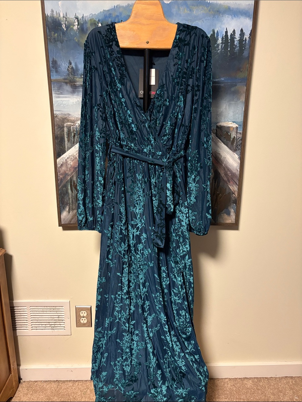 Dark Teal Floral Wrap Maxi Dress with Self-Tie Waist